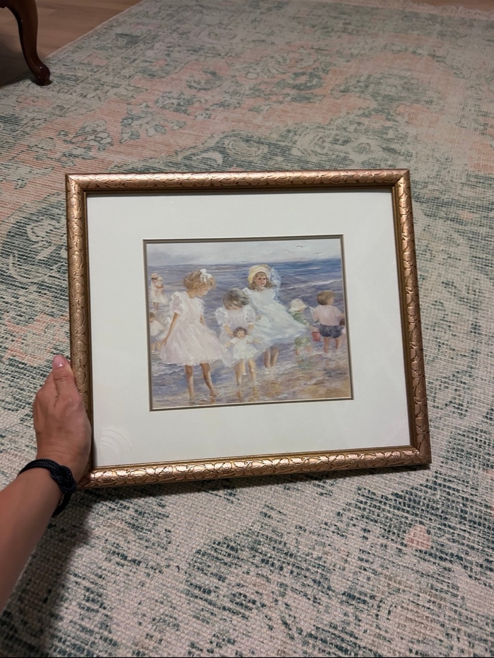 Framed Beach Children Watercolor Art in Gold Frame